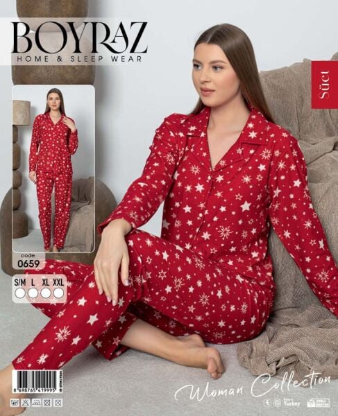 BOYRAZ 0659 BAYAN SÜET DÜĞMELİ PİJAMA TAKIMI
