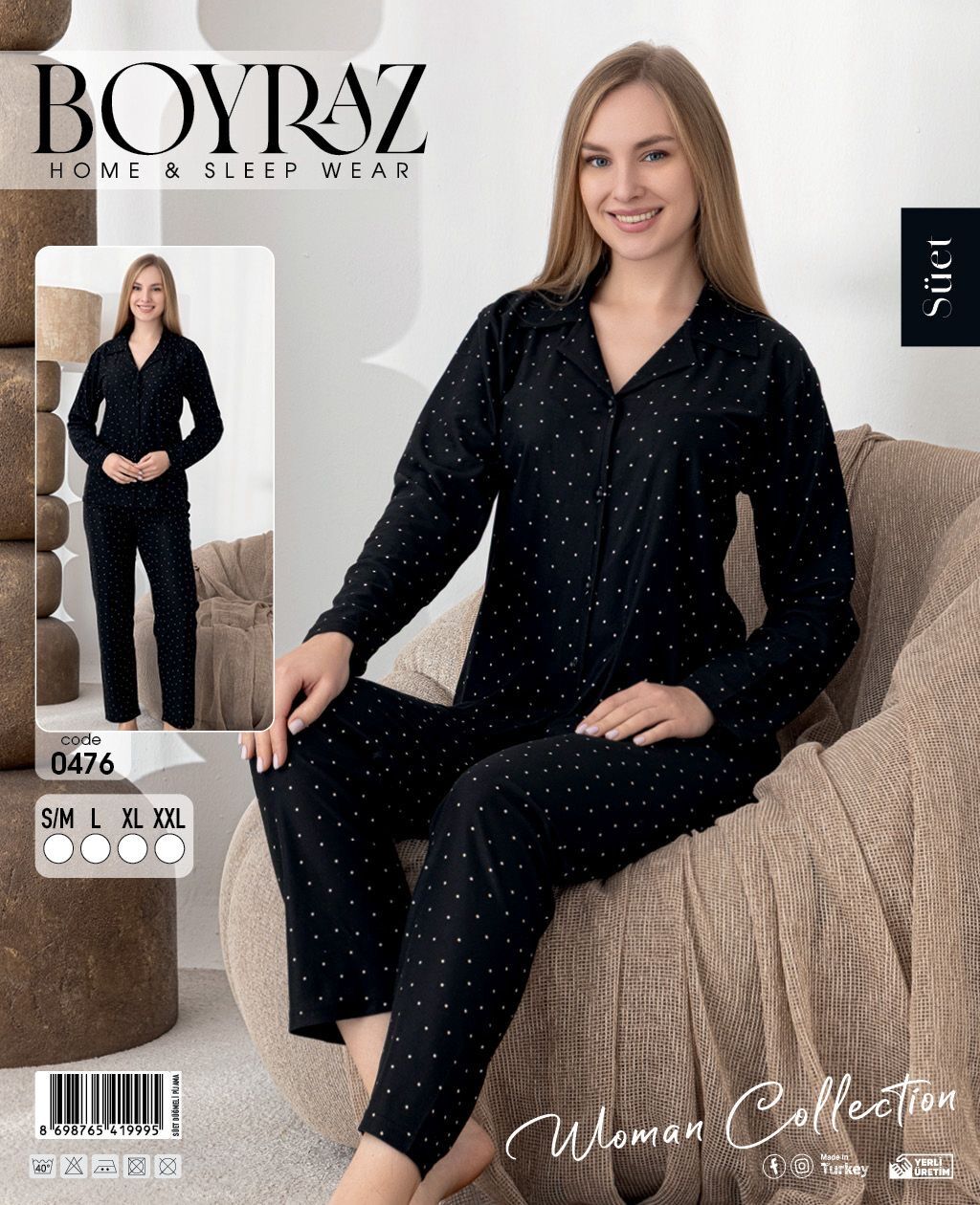 BOYRAZ 0476 BAYAN SÜET DÜĞMELİ PİJAMA TAKIMI