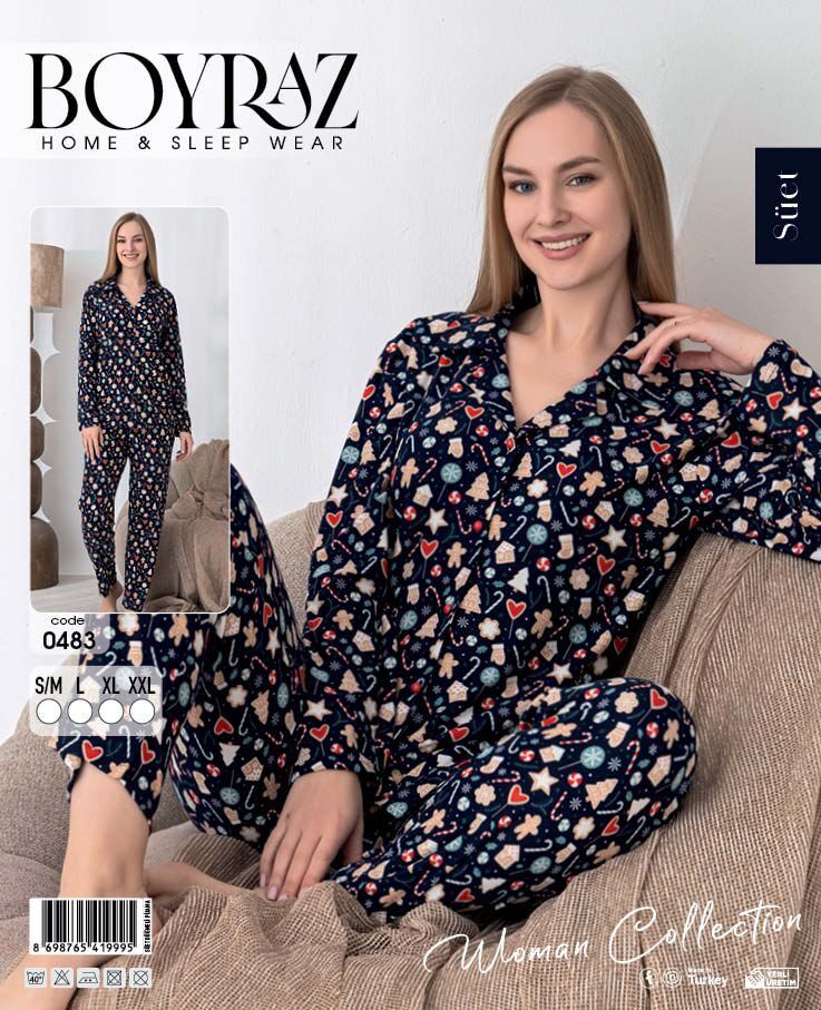 BOYRAZ 0483 BAYAN SÜET DÜĞMELİ PİJAMA TAKIMI