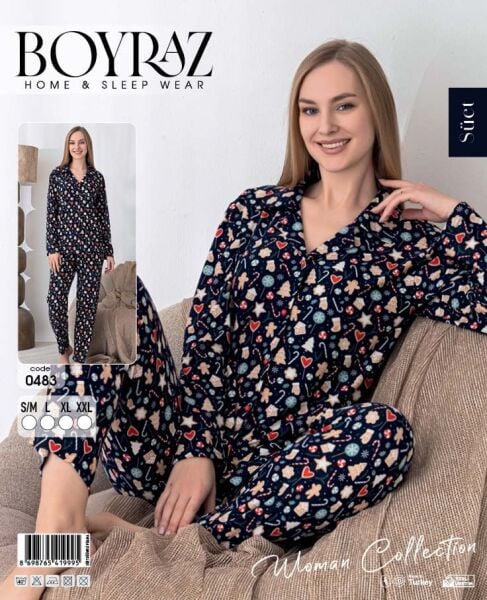 BOYRAZ 0483 BAYAN SÜET DÜĞMELİ PİJAMA TAKIMI