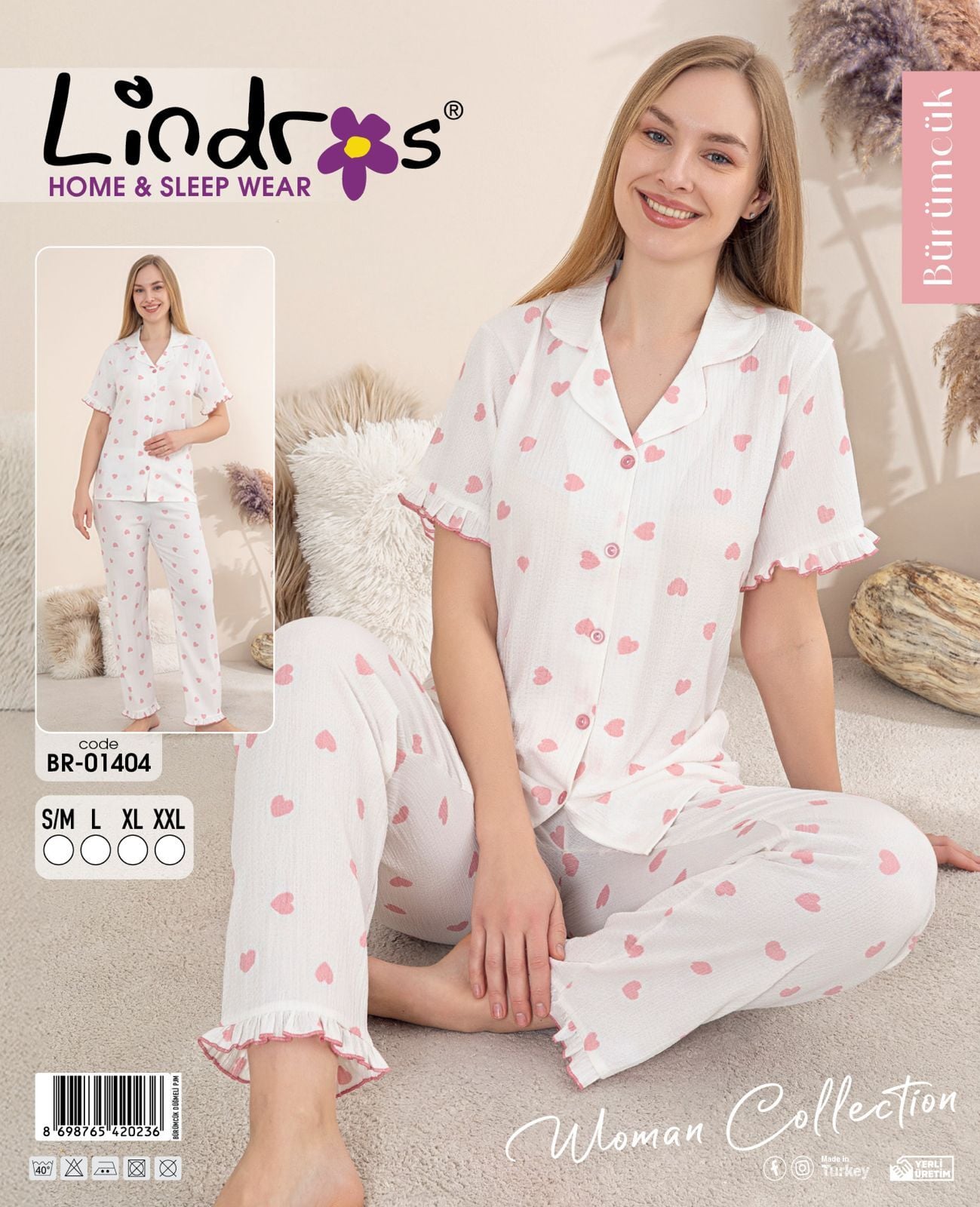 LİNDROS 01404 BÜRÜMCÜK DÜĞMELİ K.KOL PİJAMA TAKIM