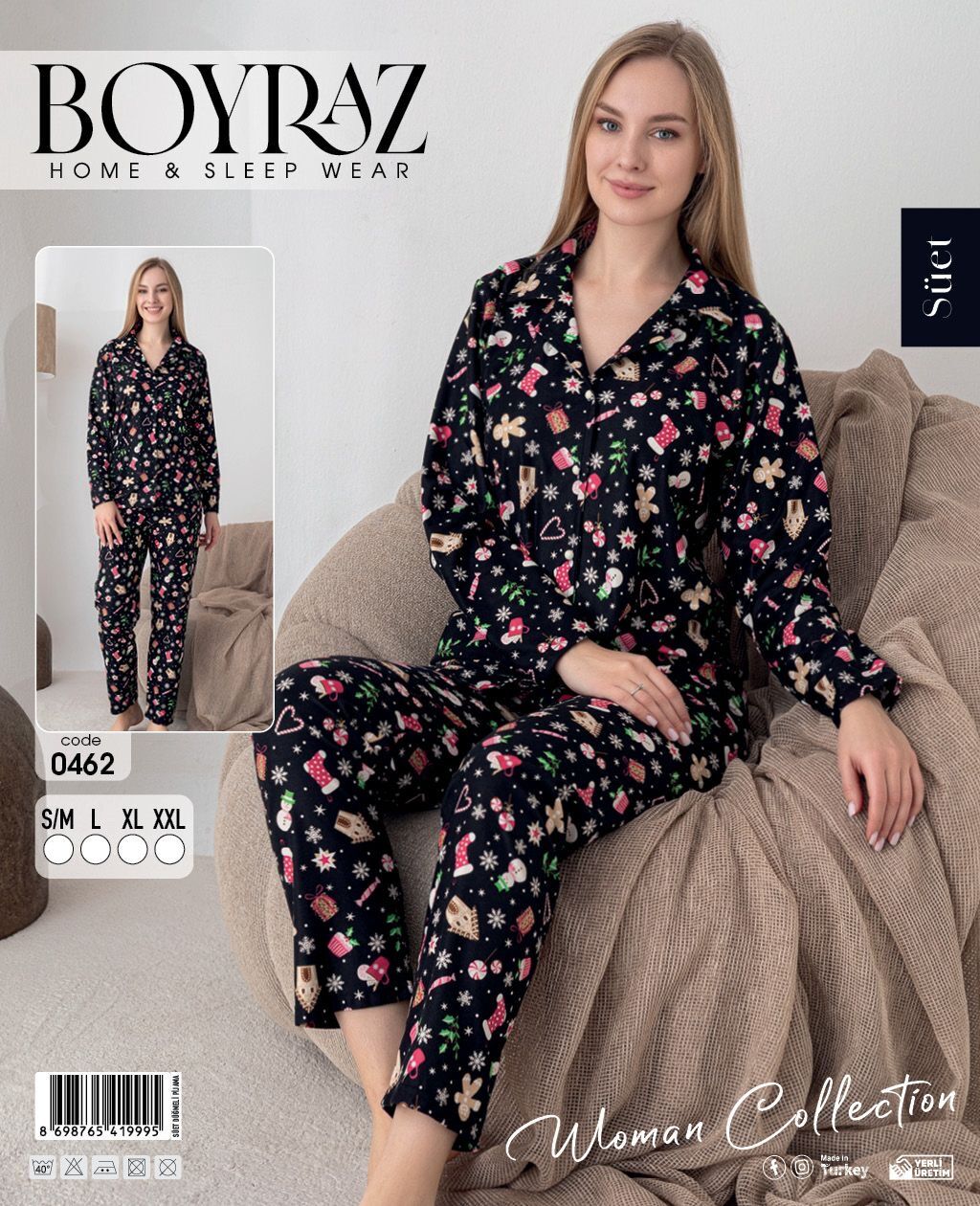 BOYRAZ 0462 BAYAN SÜET DÜĞMELİ PİJAMA TAKIMI