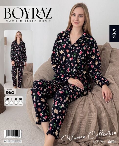 BOYRAZ 0462 BAYAN SÜET DÜĞMELİ PİJAMA TAKIMI