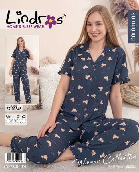LİNDROS 01345 BÜRÜMCÜK DÜĞMELİ K.KOL PİJAMA TAKIM