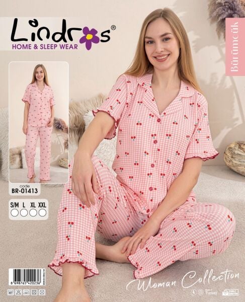 LİNDROS 01413 BÜRÜMCÜK DÜĞMELİ K.KOL PİJAMA TAKIM
