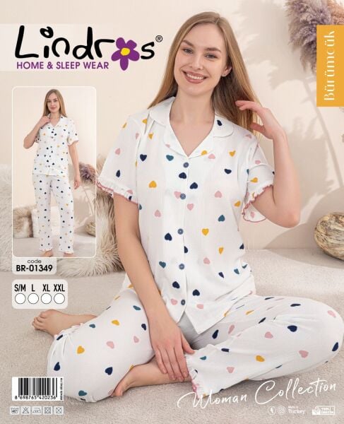 LİNDROS 01349 BÜRÜMCÜK DÜĞMELİ K.KOL PİJAMA TAKIM