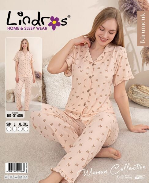 LİNDROS 01405 BÜRÜMCÜK DÜĞMELİ K.KOL PİJAMA TAKIM