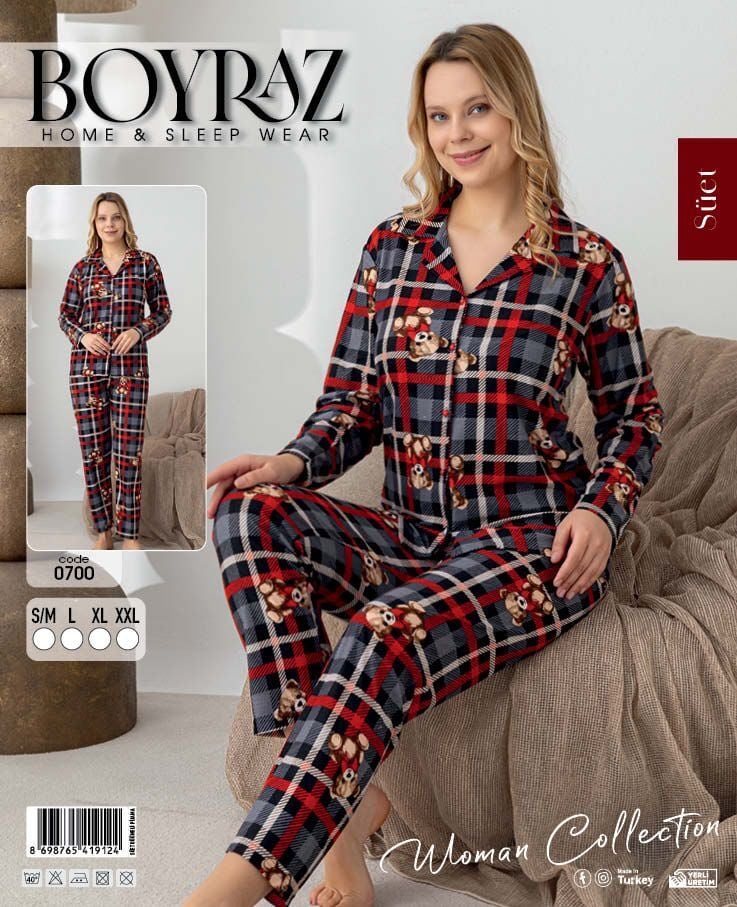 BOYRAZ 0700 BAYAN SÜET DÜĞMELİ PİJAMA TAKIMI