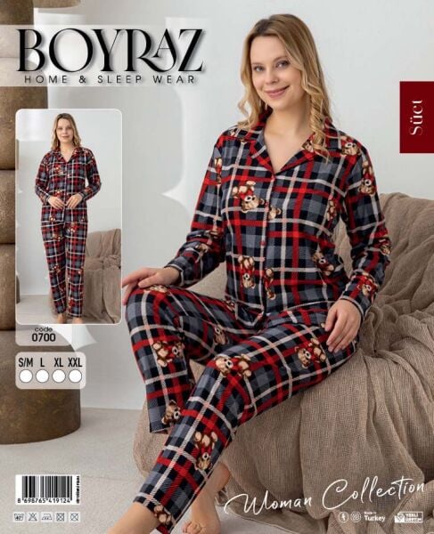 BOYRAZ 0700 BAYAN SÜET DÜĞMELİ PİJAMA TAKIMI