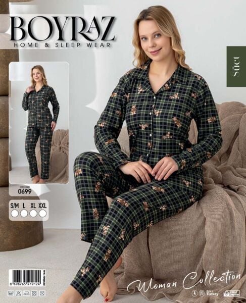BOYRAZ 0699 BAYAN SÜET DÜĞMELİ PİJAMA TAKIMI