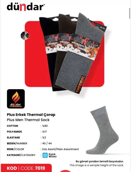 DÜNDAR 7019 ERKEK PLUS HAVLU THERMAL ÇORAP