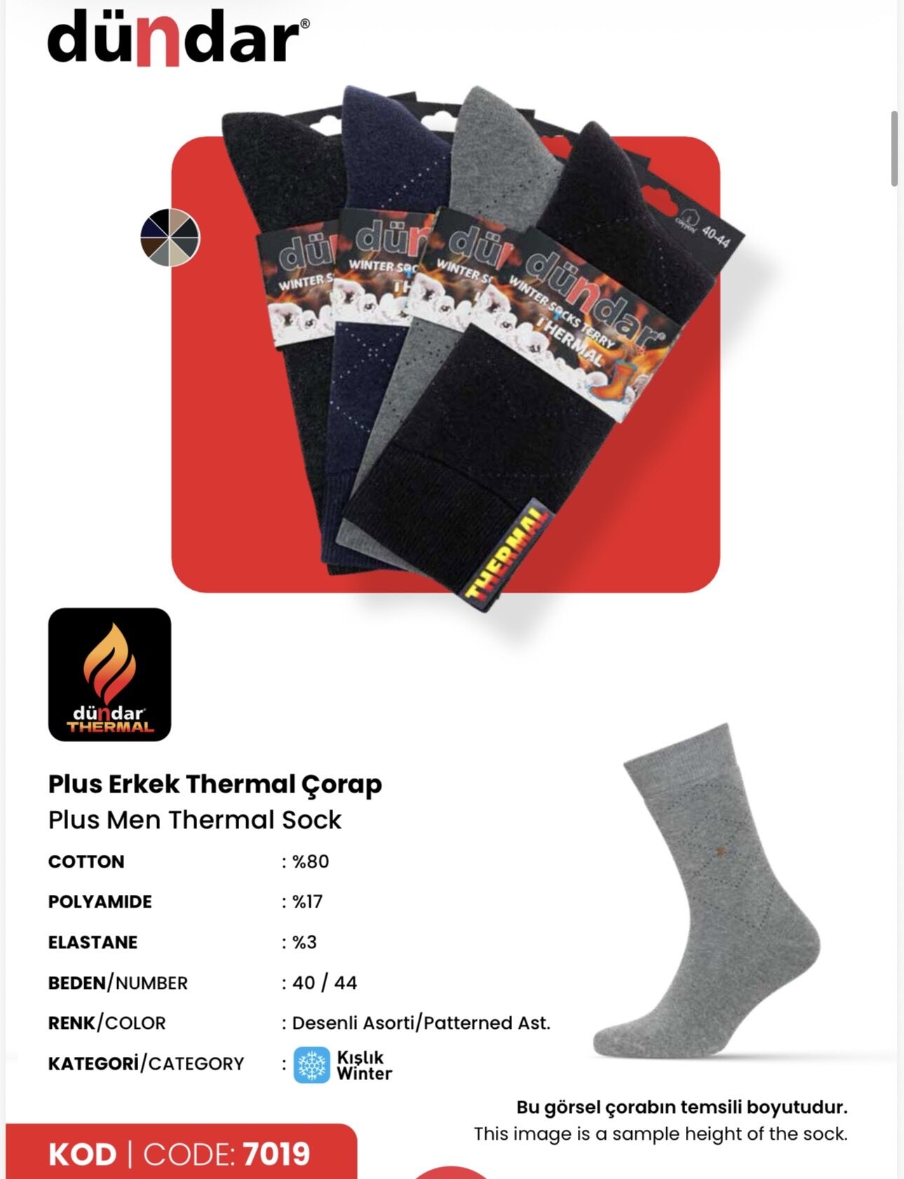 DÜNDAR 7019 ERKEK PLUS HAVLU THERMAL ÇORAP