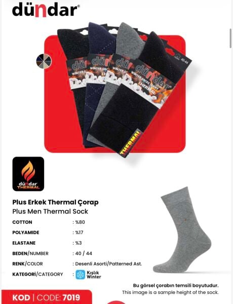 DÜNDAR 7019 ERKEK PLUS HAVLU THERMAL ÇORAP