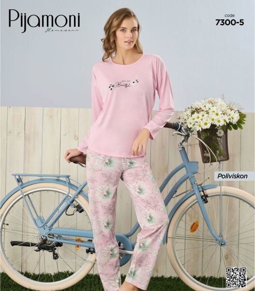 PİJAMONİ 7300-5 POLYVİSKON UZUNKOL PİJAMA TAKIM