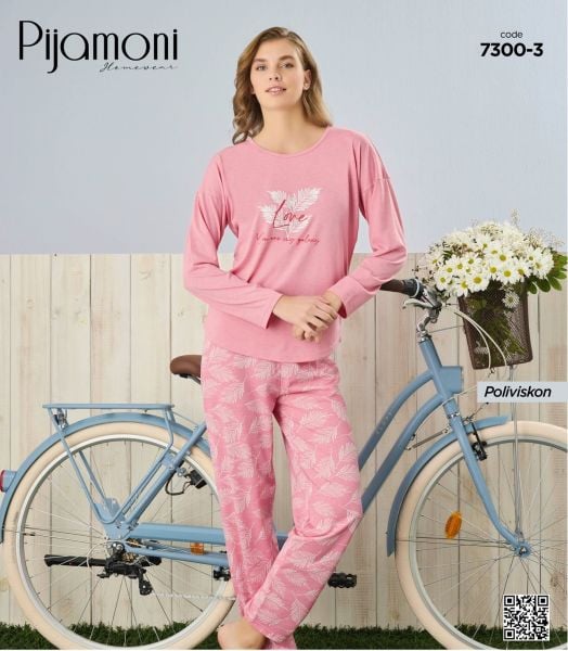 PİJAMONİ 7300-3 POLYVİSKON UZUNKOL PİJAMA TAKIM