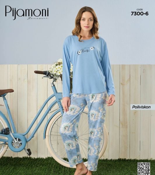 PİJAMONİ 7300-6 POLYVİSKON UZUNKOL PİJAMA TAKIM