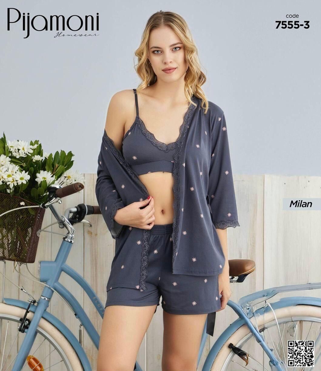 PİJAMONİ 7555-3 MİLAN DANTELLİ ŞORTLU 3 LÜ TAKIM