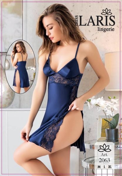 MİSS LARİS 2063 SATEN KISA GECELİK LACİVERT