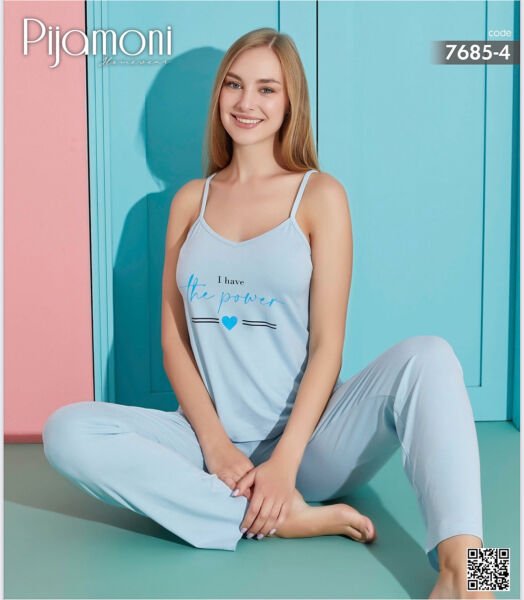 PİJAMONİ 7685-4 BAYAN MİLAN İP ASKILI PİJAMA TAKIM