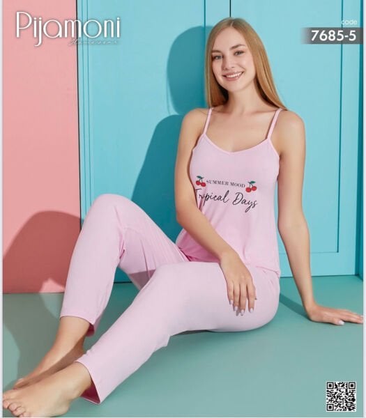 PİJAMONİ 7685-5 BAYAN MİLAN İP ASKILI PİJAMA TAKIM