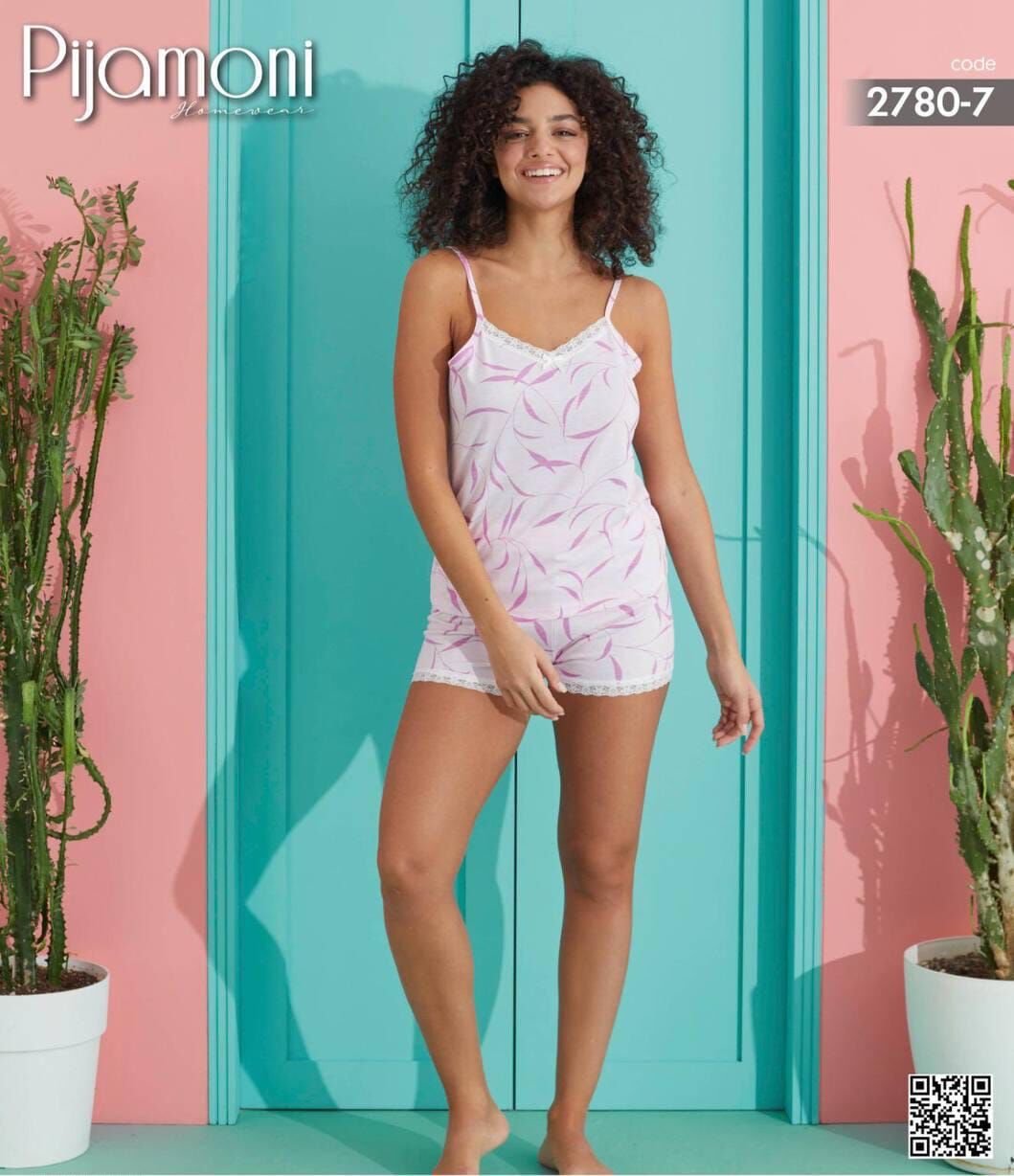 PİJAMONİ 2780-7 ESİNTİ İP ASKI ŞORTLU TAKIM