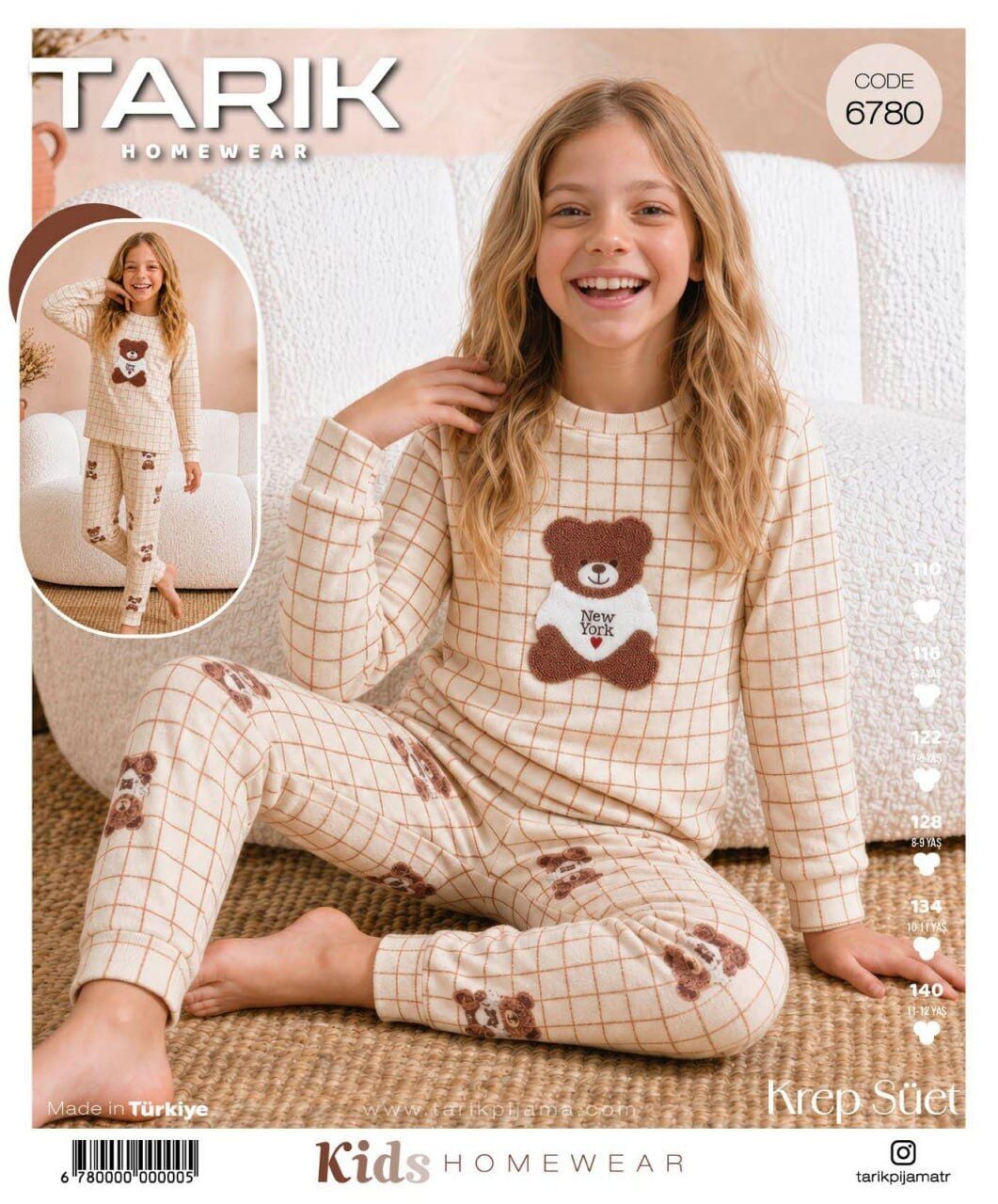 TARIK 6780 KIZ GARSON SÜET AYI NAKIŞLI PİJAMA TK
