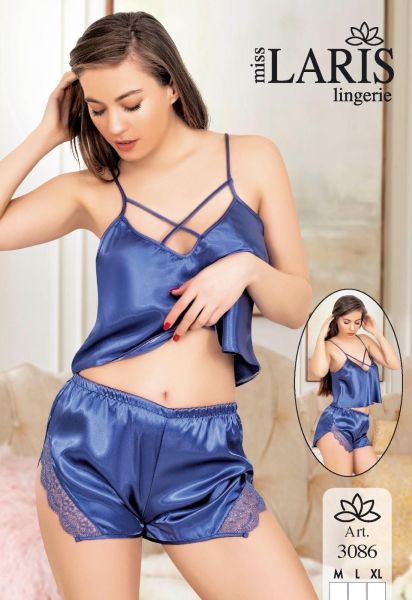 MİSS LARİS 3086 SATEN ŞORT TAKIM MAVİ