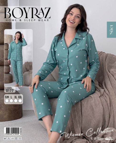 BOYRAZ 0177 BAYAN SÜET DÜĞMELİ PİJAMA TAKIMI