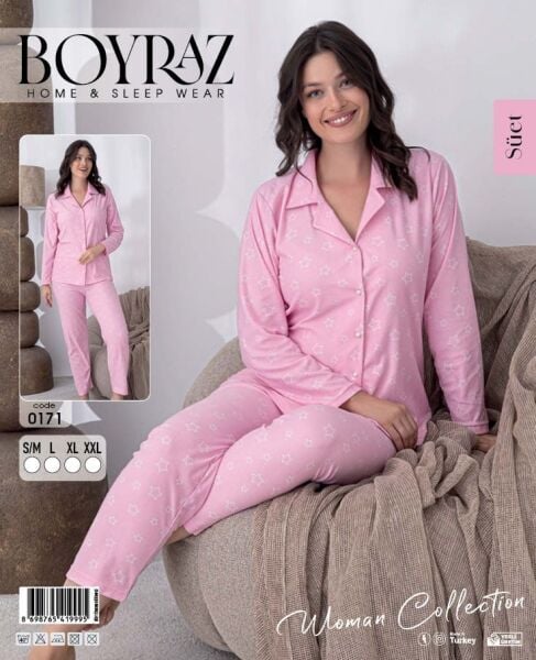 BOYRAZ 0171 BAYAN SÜET DÜĞMELİ PİJAMA TAKIMI
