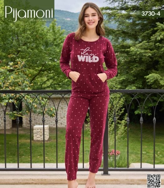 PİJAMONİ 3730-4 FİTİLLİ POLAR KANGURU CEPLİ TAKIM