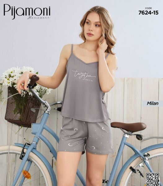 PİJAMONİ 7624-15 BAYAN MİLAN İP ASKILI ŞORTLU TKIM