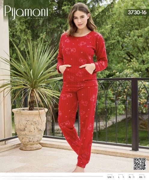 PİJAMONİ 3730-16 FİTİLLİ POLAR KANGURU CEPLİ TAKIM