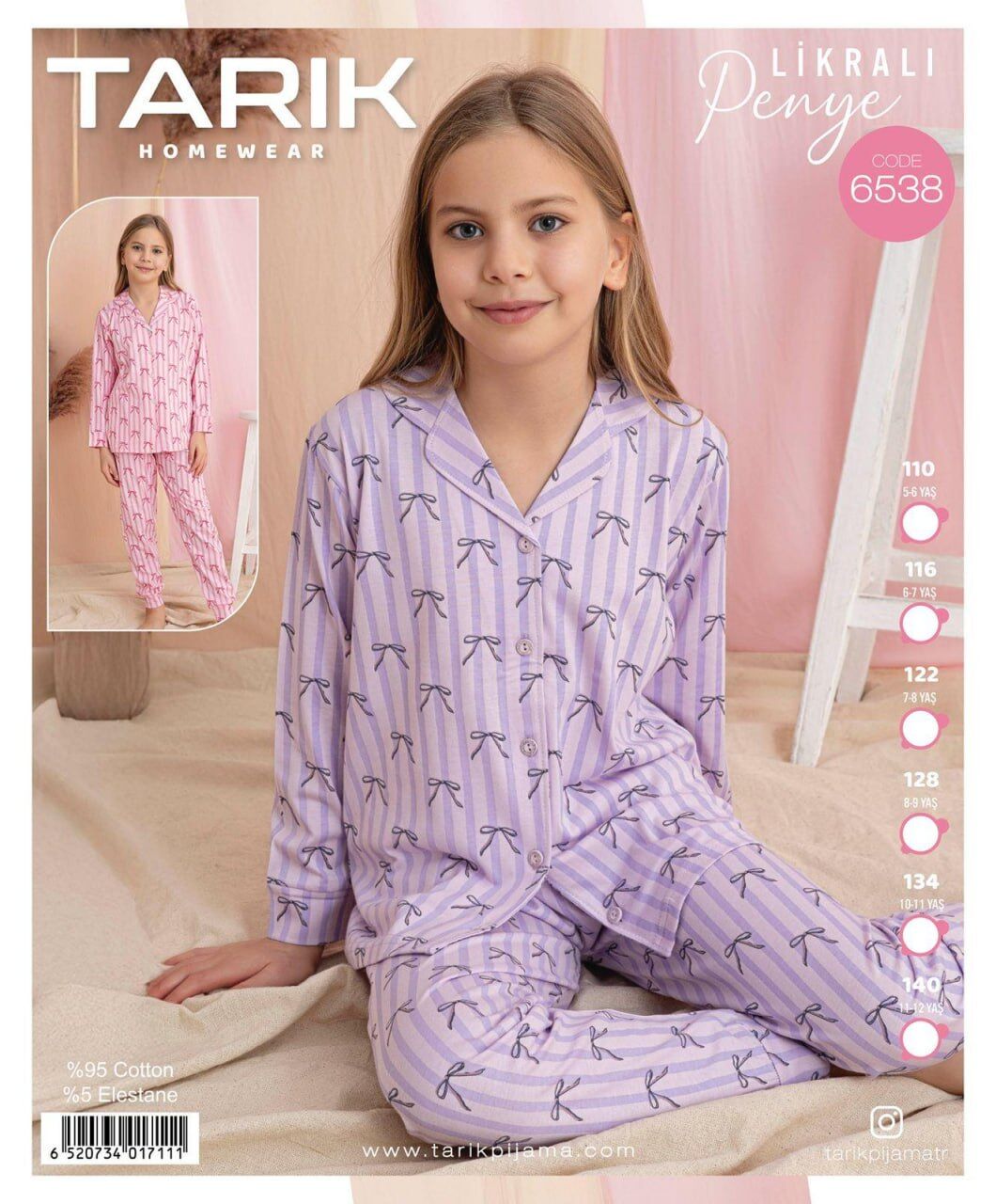 TARIK 6538 KIZ 5-12 YŞ PENYE GÖMLEK PİJAMA TAKIM