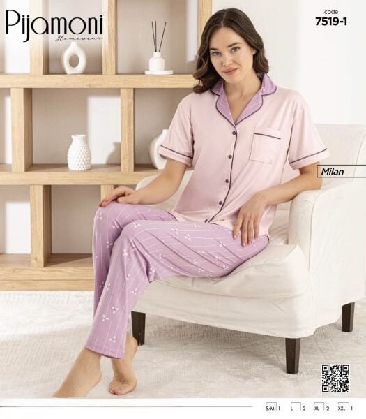 PİJAMONİ 7519-1 BAYAN MİLAN GÖMLEK K.KOL PİJAMA TK
