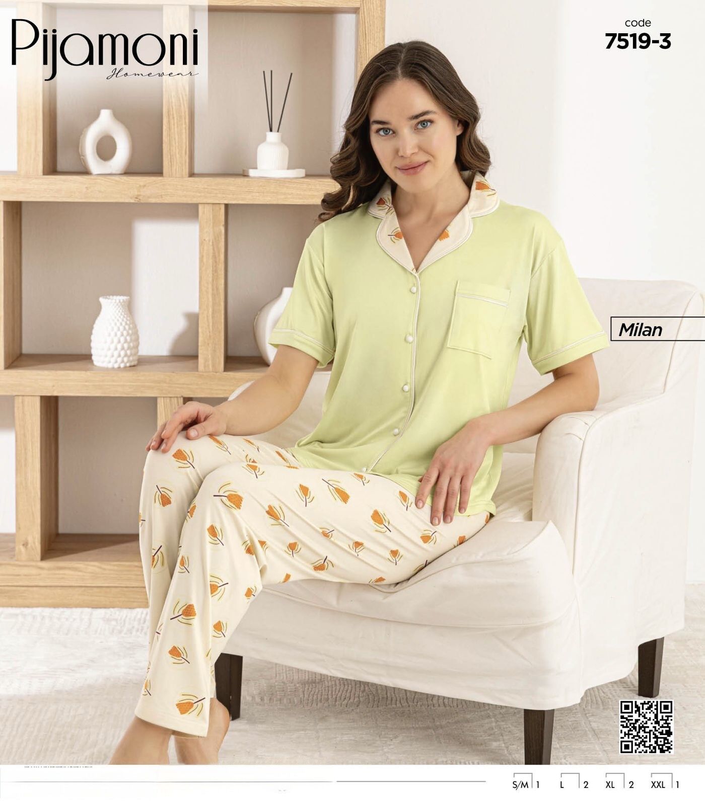 PİJAMONİ 7519-3 BAYAN MİLAN GÖMLEK K.KOL PİJAMA TK