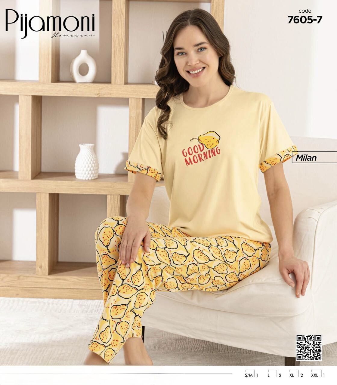 PİJAMONİ 7605-7Y BAYAN KISA KOL MİLAN PİJAMA TAKIM