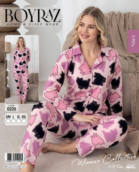 BOYRAZ 0225 BAYAN SÜET DÜĞMELİ PİJAMA TAKIMI
