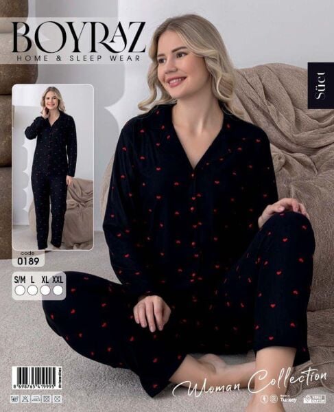BOYRAZ 0189 BAYAN SÜET DÜĞMELİ PİJAMA TAKIMI