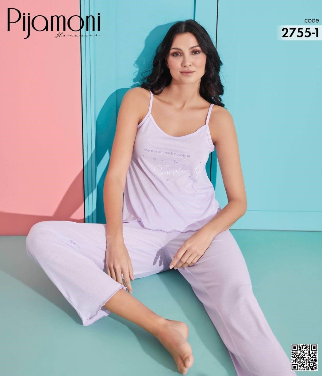 PİJAMONİ 2755-1 POLYVİSKON İP ASKILI PİJAMA TAKIM