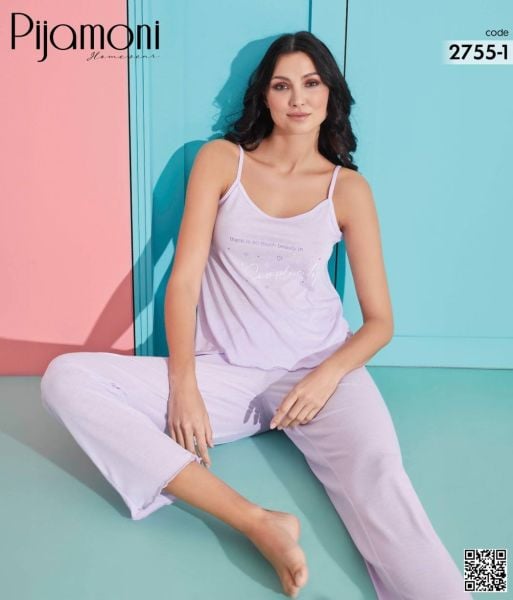 PİJAMONİ 2755-1 POLYVİSKON İP ASKILI PİJAMA TAKIM