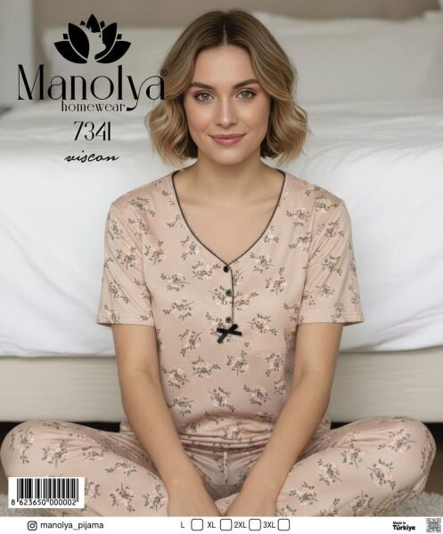 MANOLYA 7341 BAYAN VİSKON GÖMLEK KISAKOL PİJAMA TK