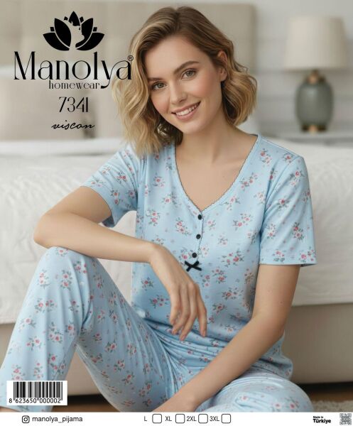 MANOLYA 7341 BAYAN VİSKON GÖMLEK KISAKOL PİJAMA TK