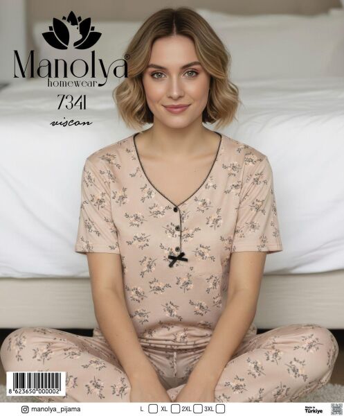MANOLYA 7341 BAYAN VİSKON GÖMLEK KISAKOL PİJAMA TK KAHVE