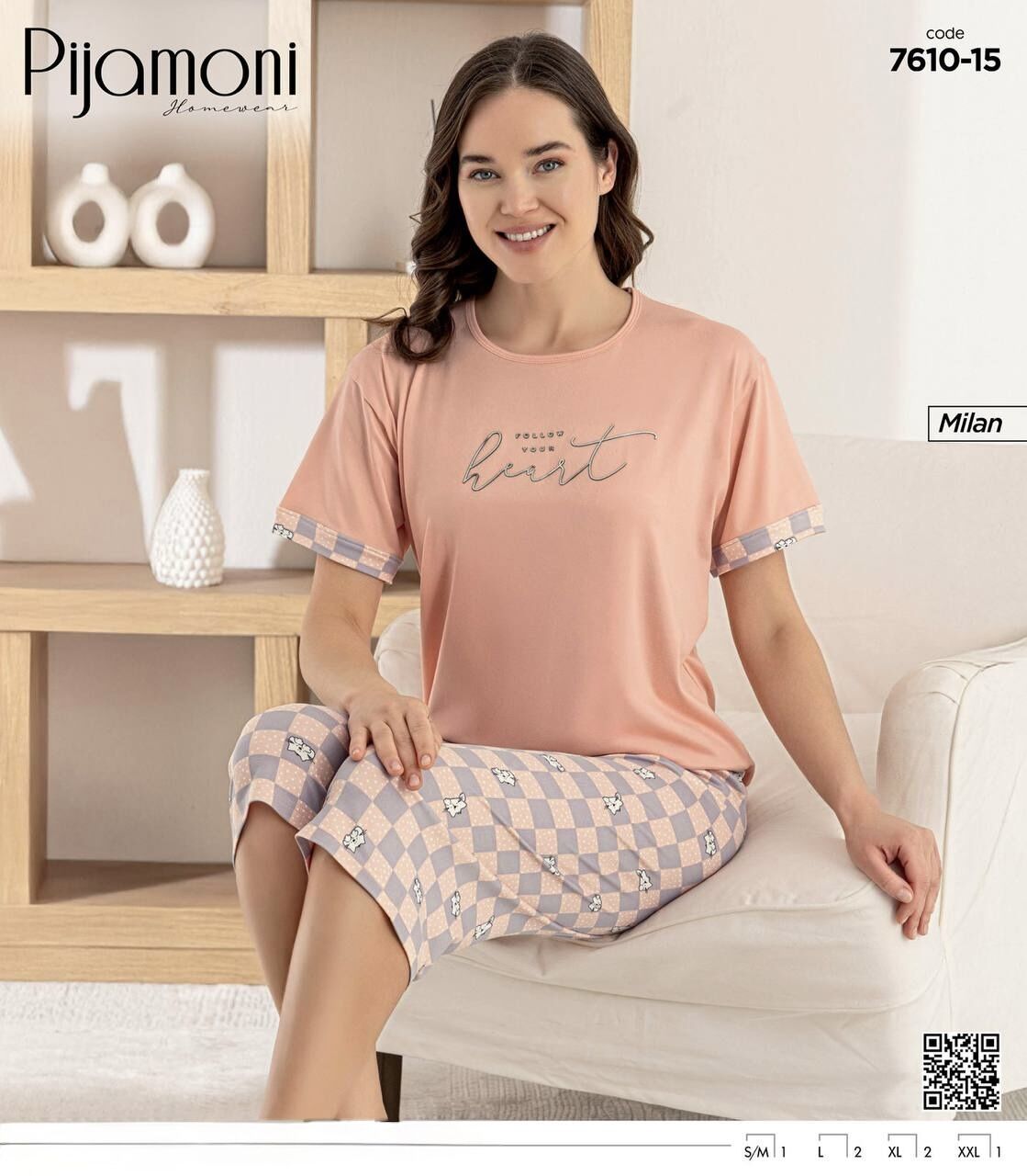 PİJAMONİ 7610-15 BAYAN MİLAN KAPRİ PİJAMA TAKIM