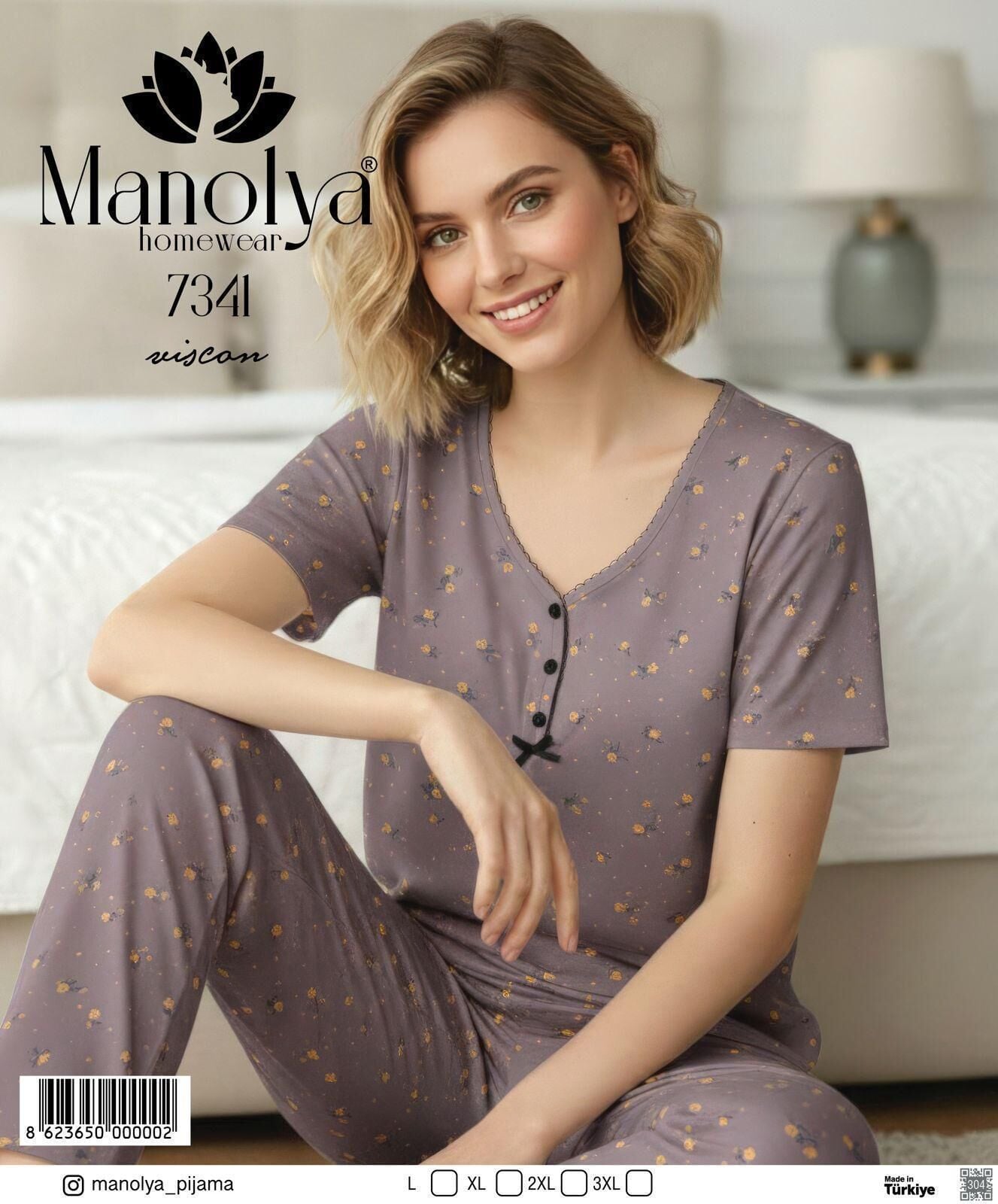 MANOLYA 7341 BAYAN VİSKON GÖMLEK KISAKOL PİJAMA TK Vizon