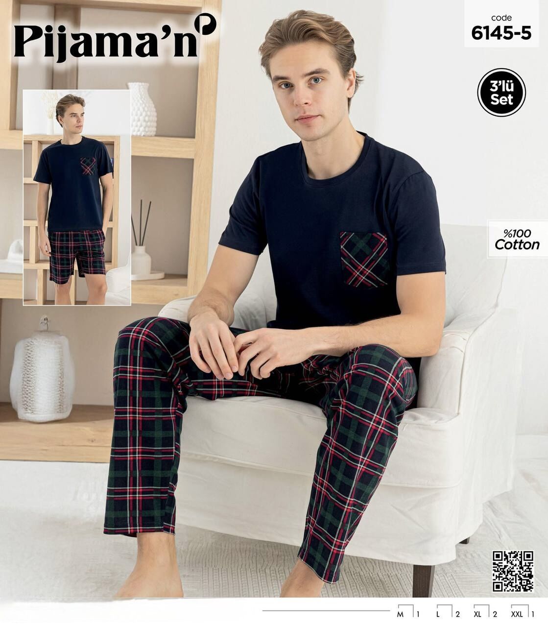 PİJAMAN 6145-5 ERKEK K.KOL ŞORTLU 3LÜ PİJAMA TAKIM