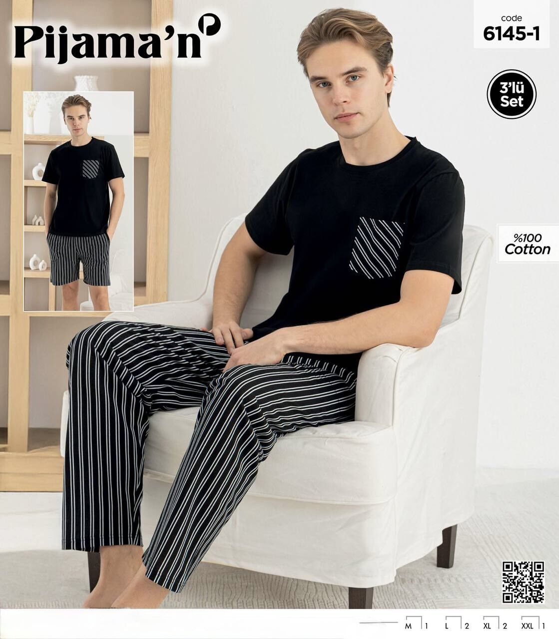 PİJAMAN 6145-1 ERKEK K.KOL ŞORTLU 3LÜ PİJAMA TAKIM