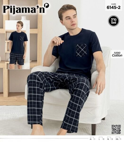 PİJAMAN 6145-2 ERKEK K.KOL ŞORTLU 3LÜ PİJAMA TAKIM