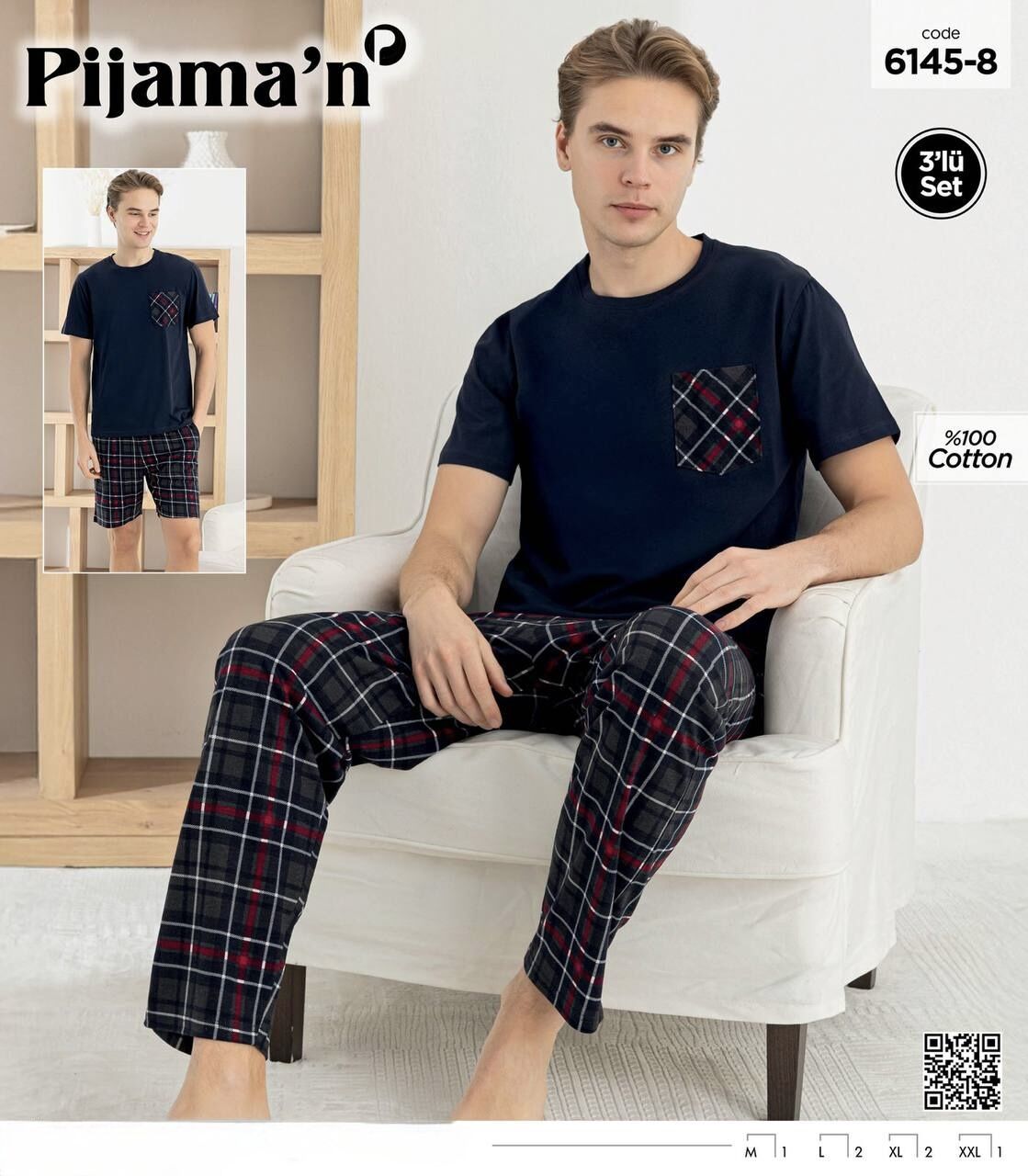 PİJAMAN 6145-8 ERKEK K.KOL ŞORTLU 3LÜ PİJAMA TAKIM