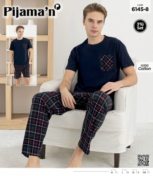 PİJAMAN 6145-8 ERKEK K.KOL ŞORTLU 3LÜ PİJAMA TAKIM